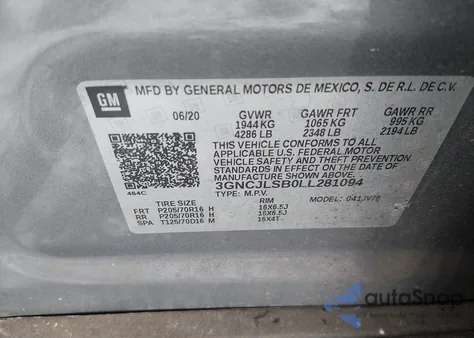 2020 Chevrolet Trax Fwd Lt z USA, uszkodzony, nr VIN 3GNCJLSB0LL281094